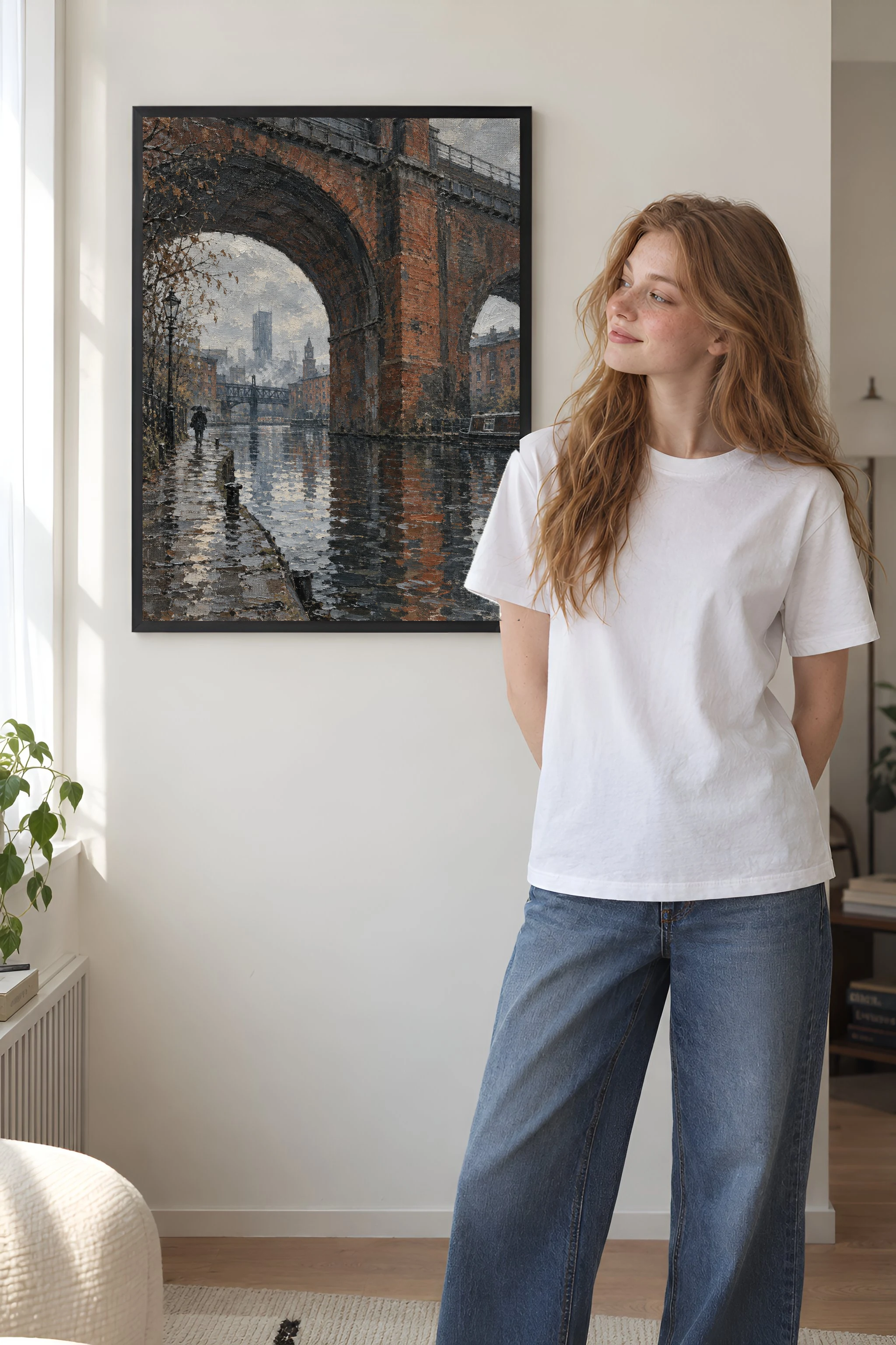 "Rainy Canal Under Brick Arch" Premium Wooden Framed Poster