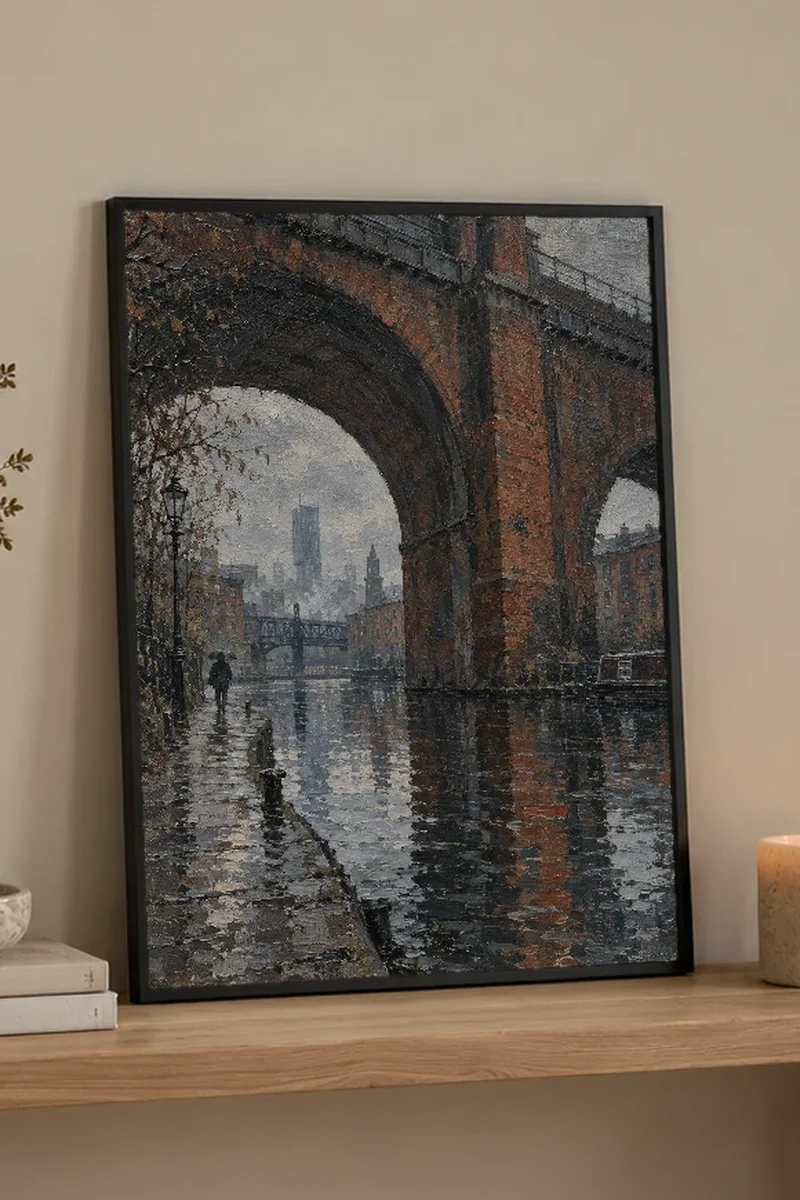 "Rainy Canal Under Brick Arch" Premium Wooden Framed Poster - the graphic up close