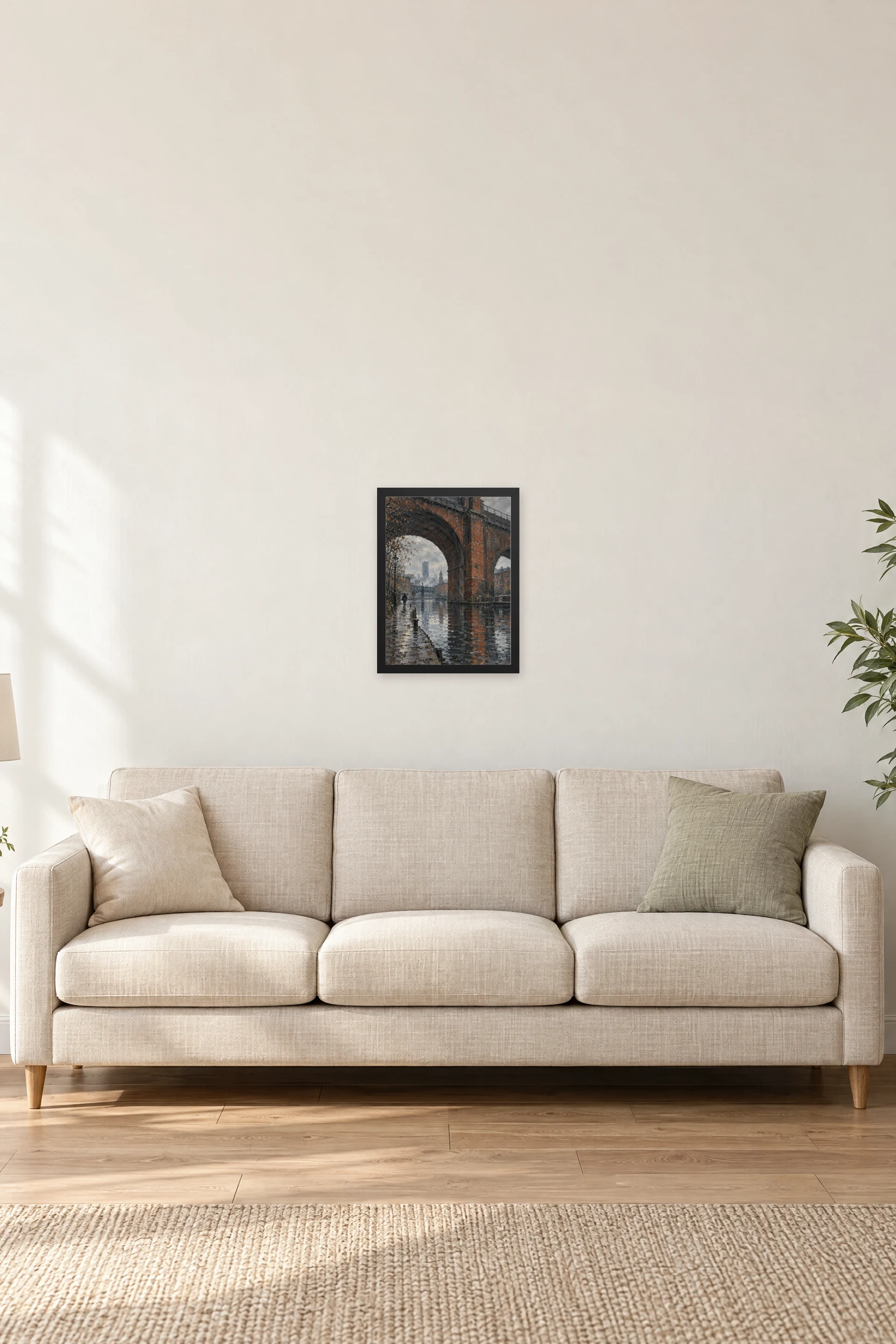 "Rainy Canal Under Brick Arch" Premium Wooden Framed Poster — Black frame, 12 × 16 in