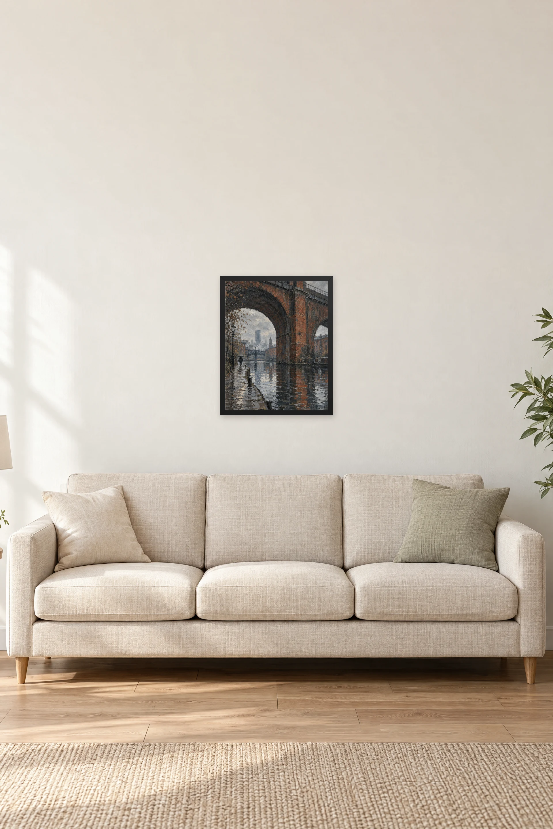 "Rainy Canal Under Brick Arch" Premium Wooden Framed Poster — Black frame, 16 × 20 in