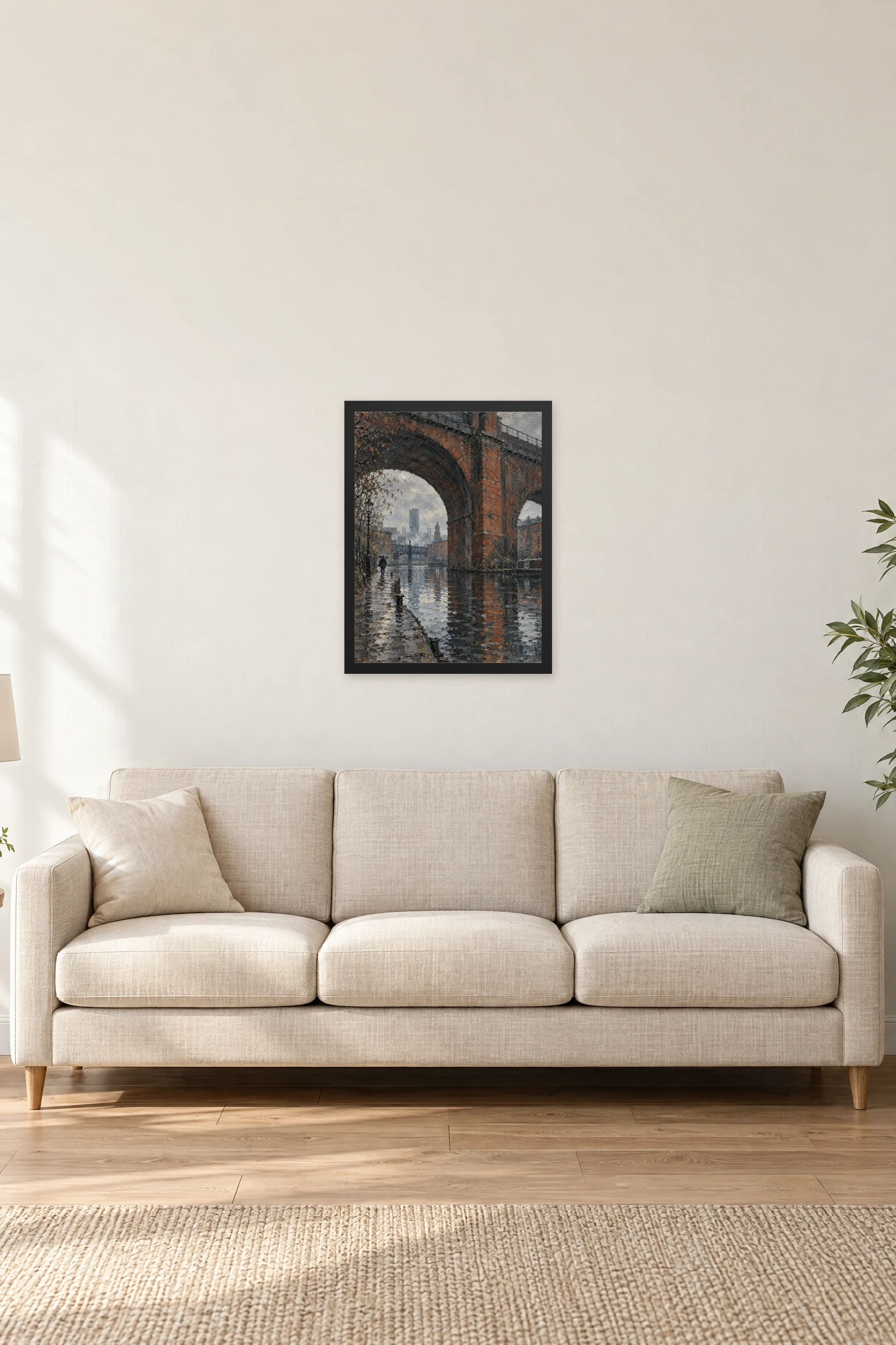 "Rainy Canal Under Brick Arch" Premium Wooden Framed Poster — Black frame, 18 × 24 in