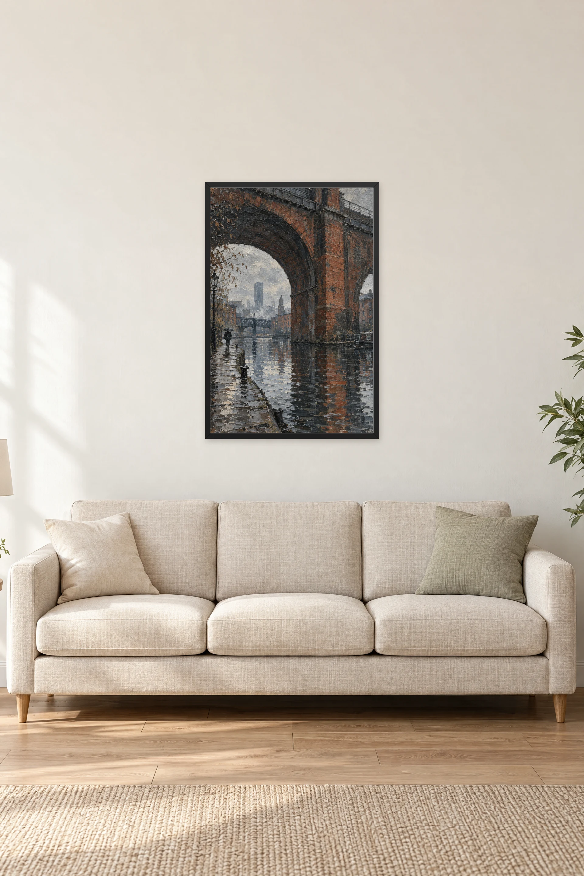 "Rainy Canal Under Brick Arch" Premium Wooden Framed Poster — Black frame, 24 × 36 in