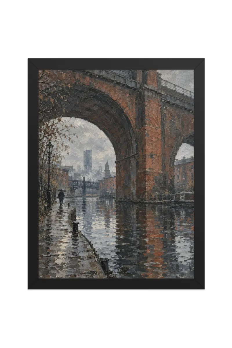 "Rainy Canal Under Brick Arch" Premium Wooden Framed Poster