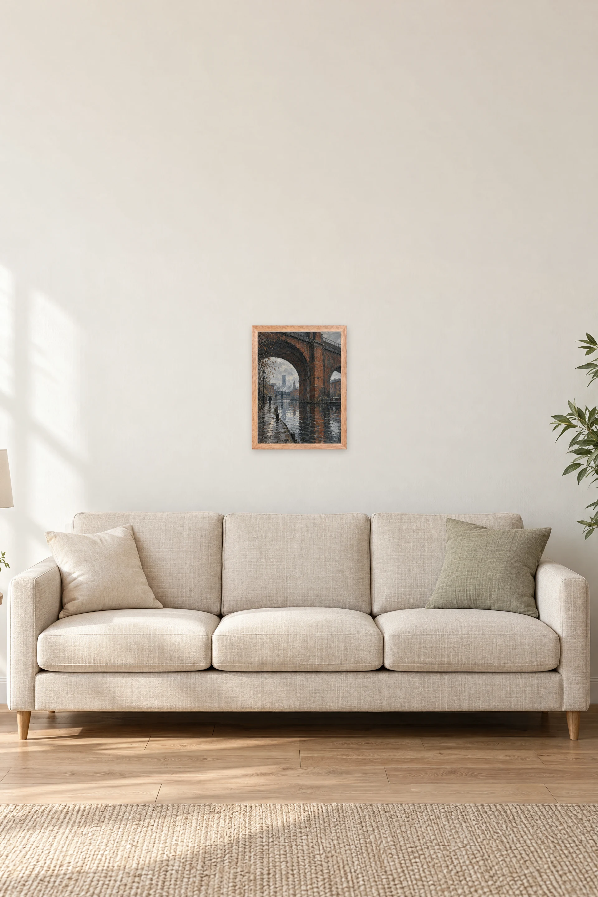 "Rainy Canal Under Brick Arch" Premium Wooden Framed Poster — Natural Wood frame, 12 × 16 in