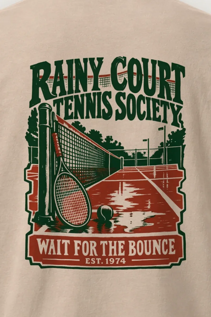 "Rainy Court Tennis Society" Heavyweight Unisex Crewneck T-shirt - the graphic up close