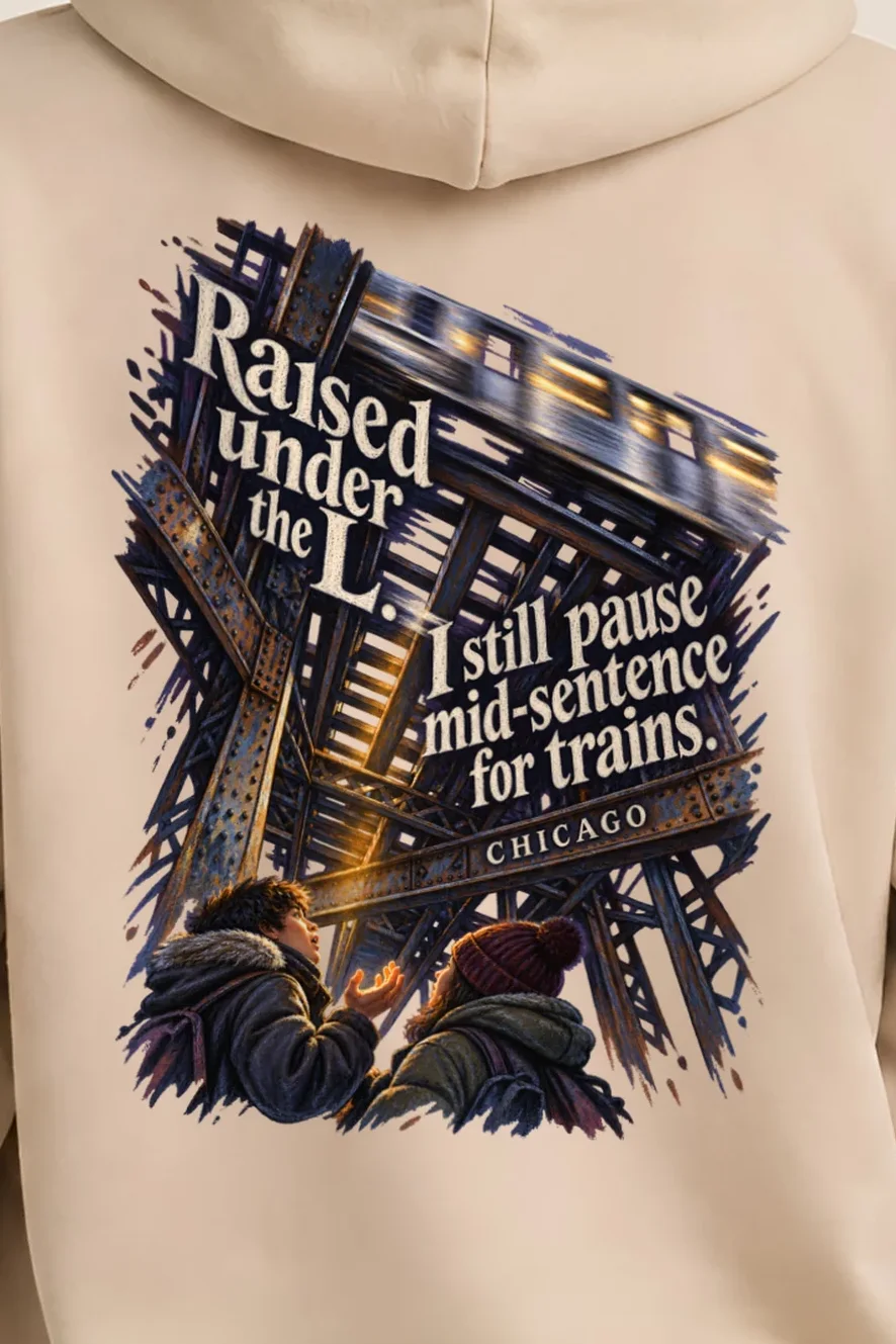 "Raised Under the L" Unisex Pullover Hoodie - the graphic up close