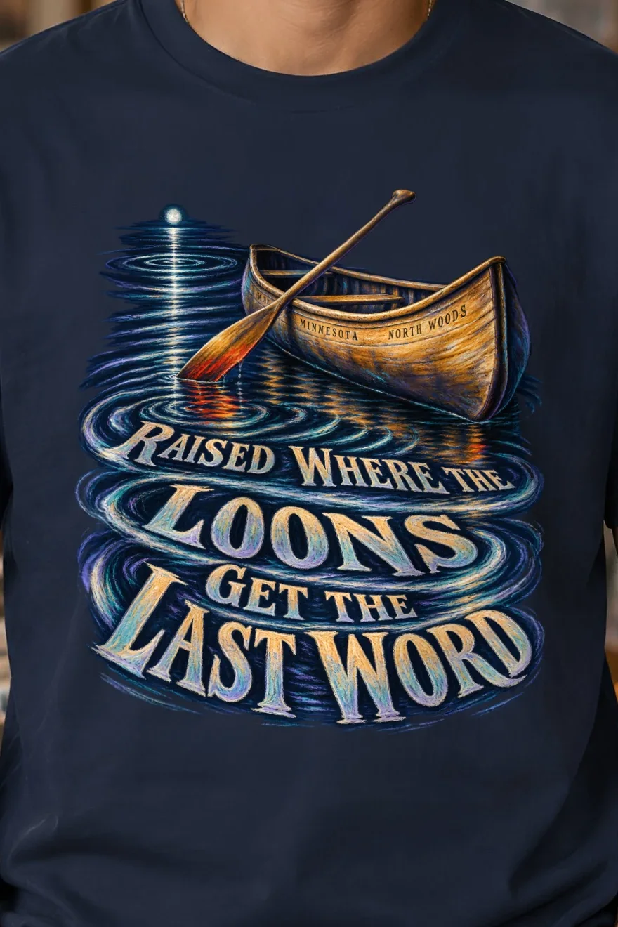 "Raised Where the Loons" Heavyweight Unisex Crewneck T-shirt - the graphic up close