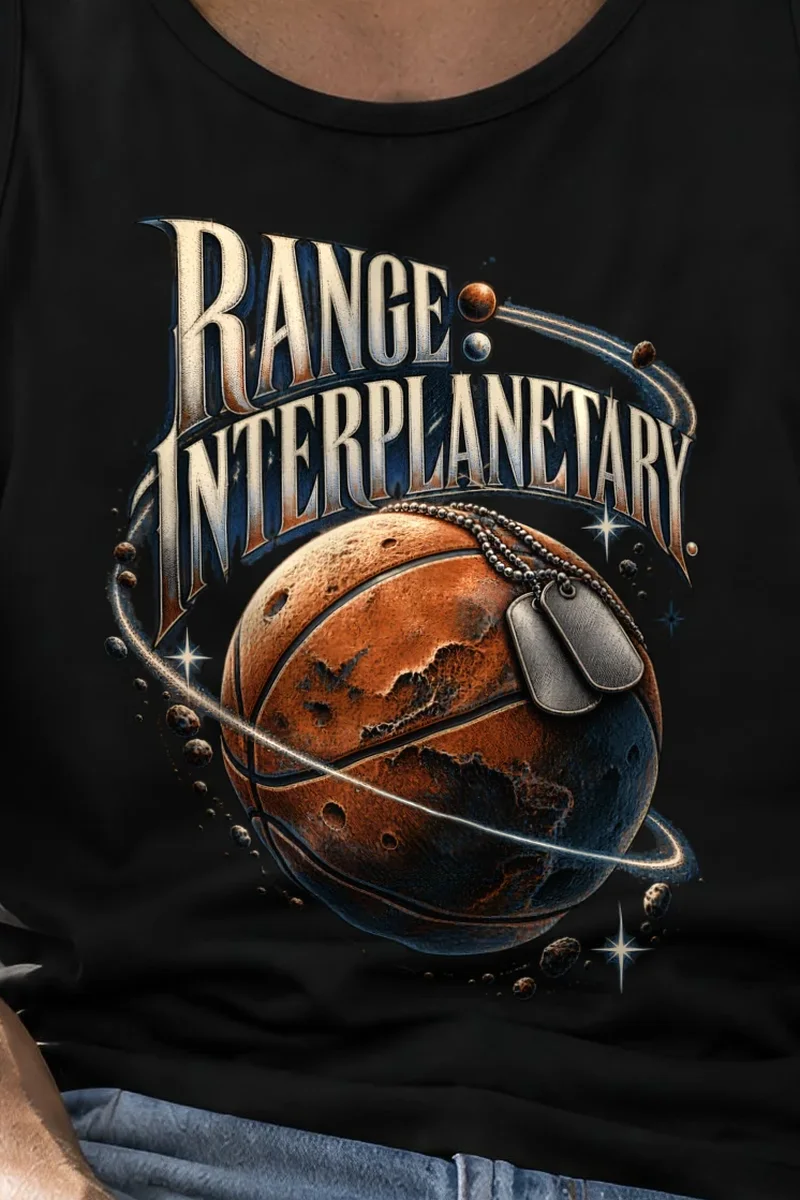 "Range Interplanetary" Unisex Jersey Tank - the graphic up close