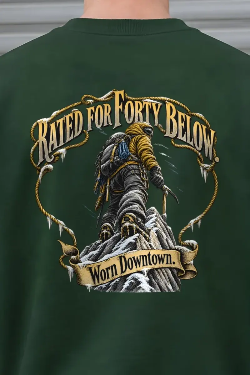 "Rated for Forty Below" Heavy Blend Unisex Crewneck Sweatshirt - the graphic up close