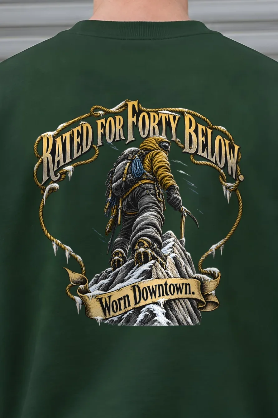 "Rated for Forty Below" Heavy Blend Unisex Crewneck Sweatshirt - the graphic up close