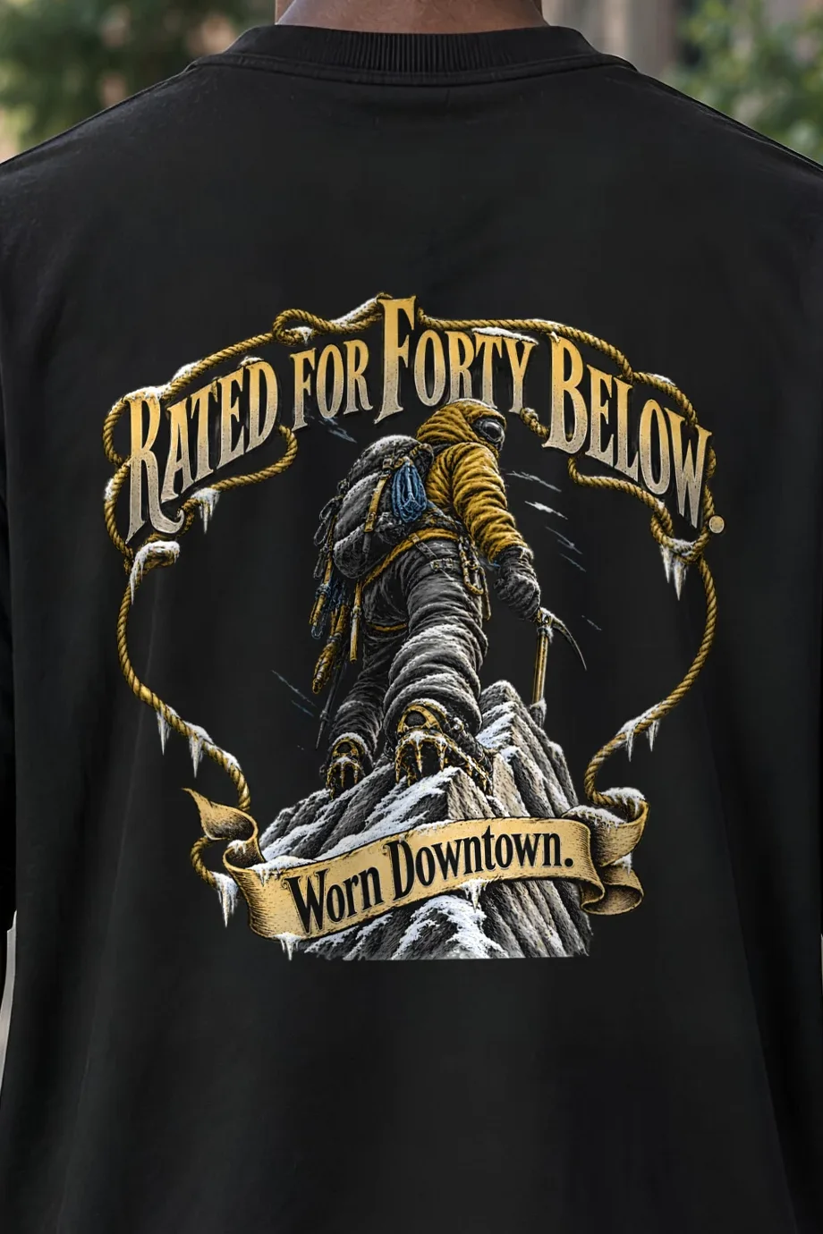 "Rated for Forty Below" Men’s Oversized Heavyweight Crewneck T-Shirt - the graphic up close