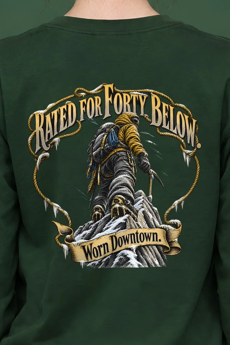 "Rated For Forty Below" Unisex Longsleeve T-shirt - the graphic up close