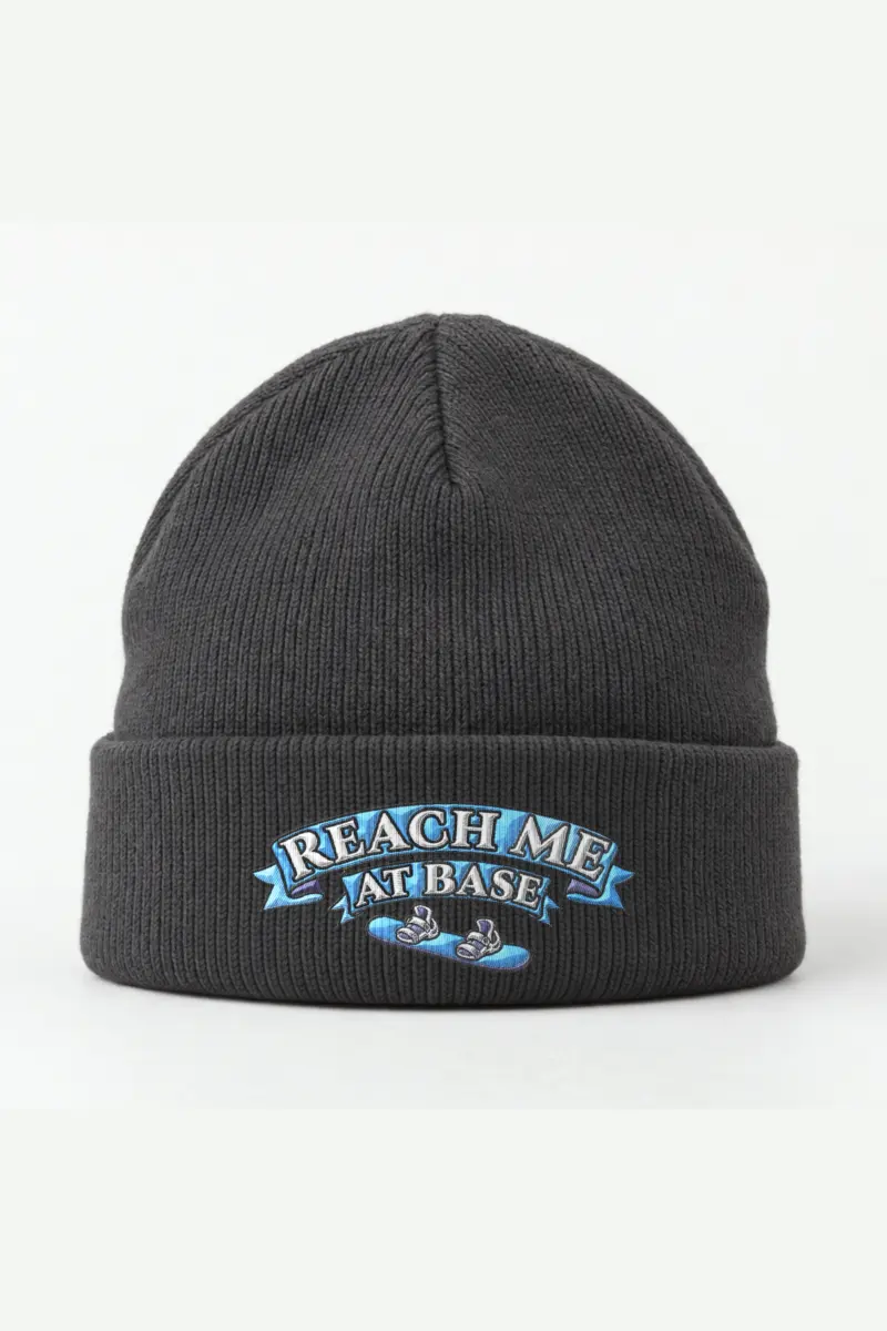 "Reach Me at Base" Cuffed Beanie · Embroidered