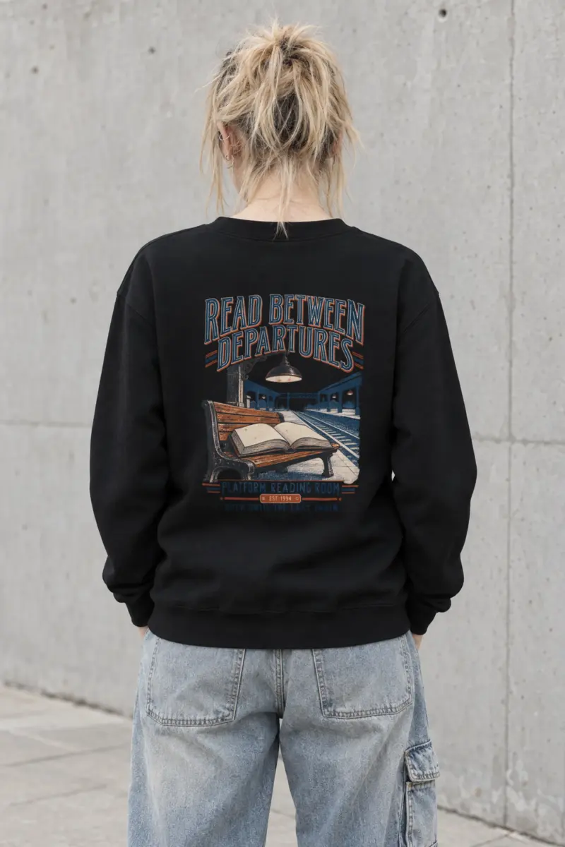 "READ BETWEEN DEPARTURES" Heavy Blend Unisex Crewneck Sweatshirt