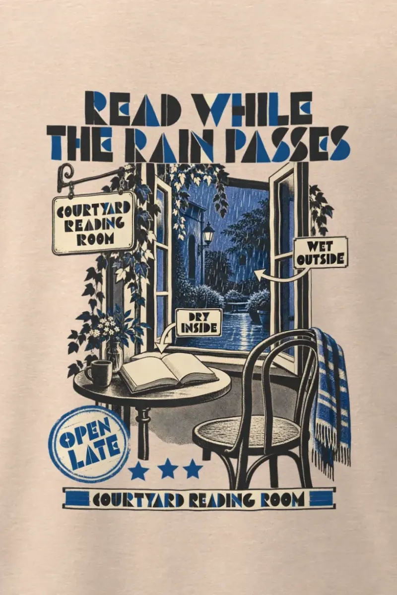 "Read While the Rain Passes" Men’s Oversized Heavyweight Crewneck T-Shirt - the graphic up close