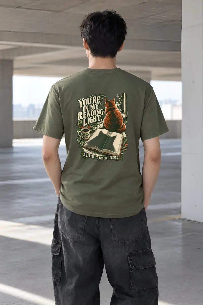 "Reading Light Cat" Heavyweight Unisex Crewneck T-shirt