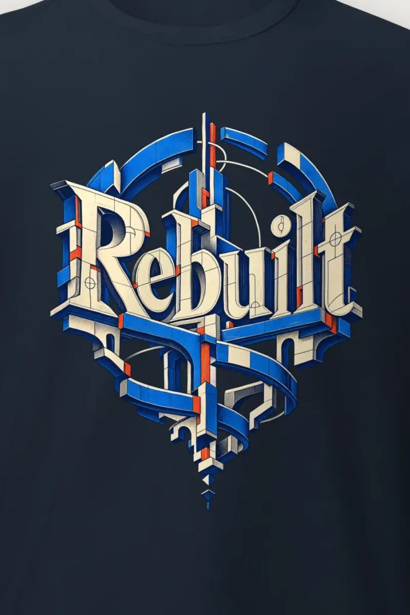 "Rebuilt" Heavyweight Unisex Crewneck T-shirt - the graphic up close