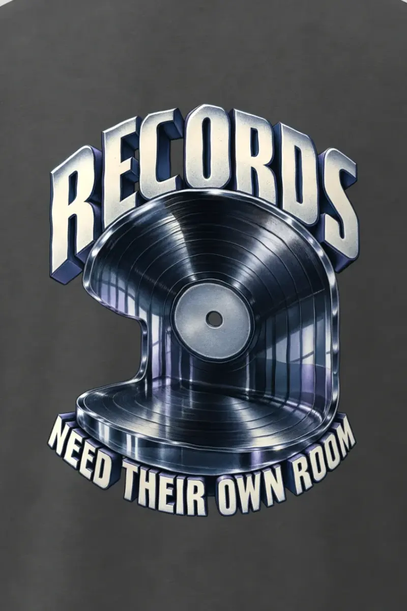 "Records Need Their Own Room" Men’s Oversized Heavyweight Crewneck T-Shirt - the graphic up close