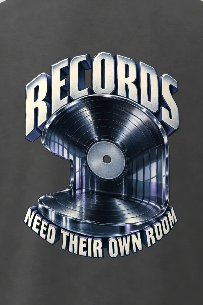 "Records Need Their Own Room" Men’s Oversized Heavyweight Crewneck T-Shirt - the graphic up close
