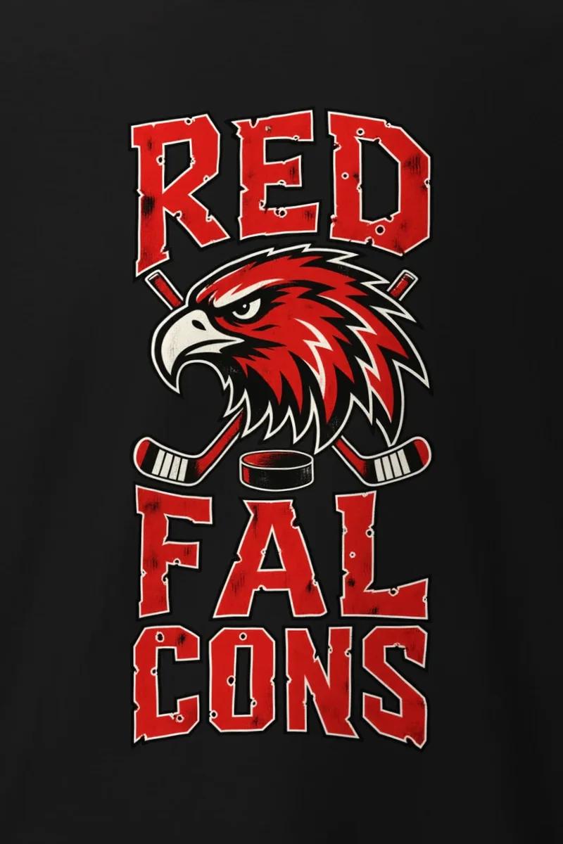 "Red Falcons Hockey" Heavyweight Unisex Crewneck T-shirt - the graphic up close