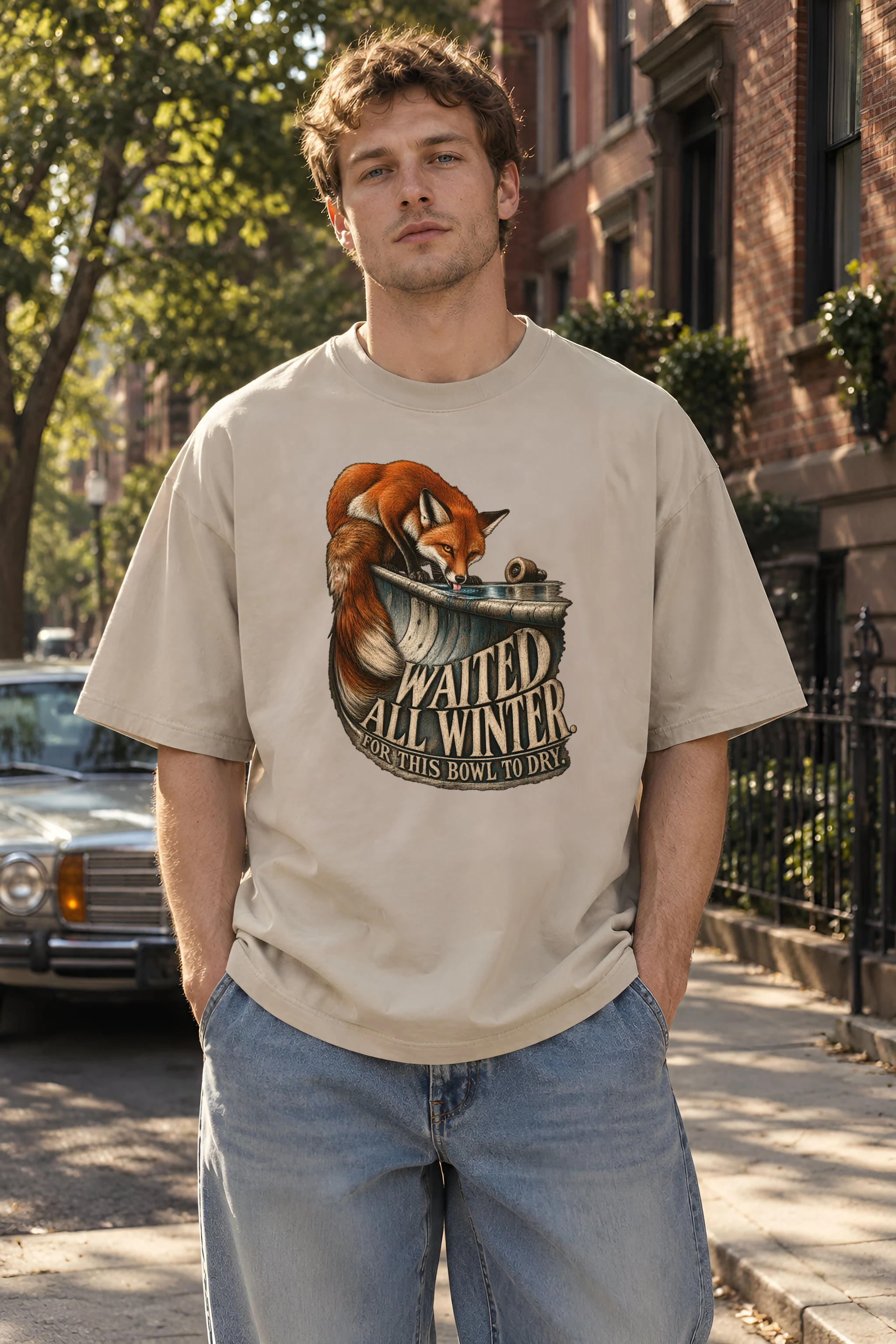 "Red Fox Skate Bowl" Unisex Oversized Heavyweight Crewneck T-Shirt