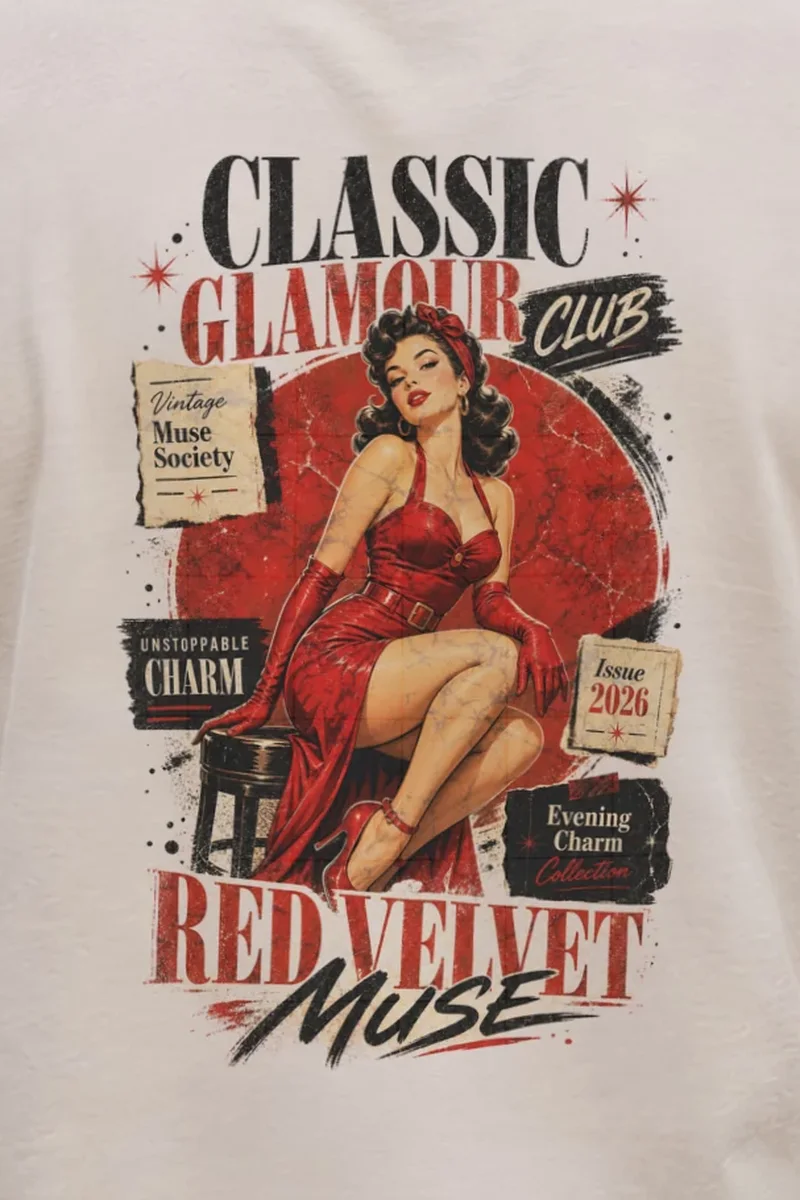 "Red Velvet Muse" Heavyweight Unisex Crewneck T-shirt - the graphic up close