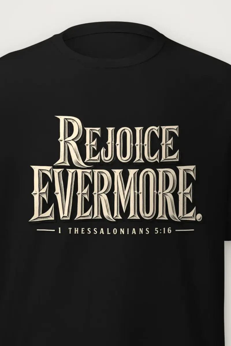 "Rejoice Evermore Western Serif" Heavyweight Unisex Crewneck T-shirt - the graphic up close