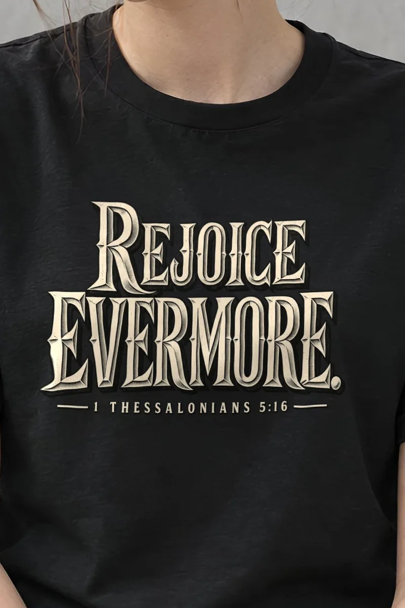 "Rejoice Evermore Western Serif" Heavyweight Unisex Crewneck T-shirt - the graphic up close