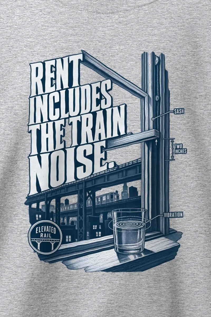 "Rent Includes the Train Noise" Heavy Blend Unisex Crewneck Sweatshirt - the graphic up close