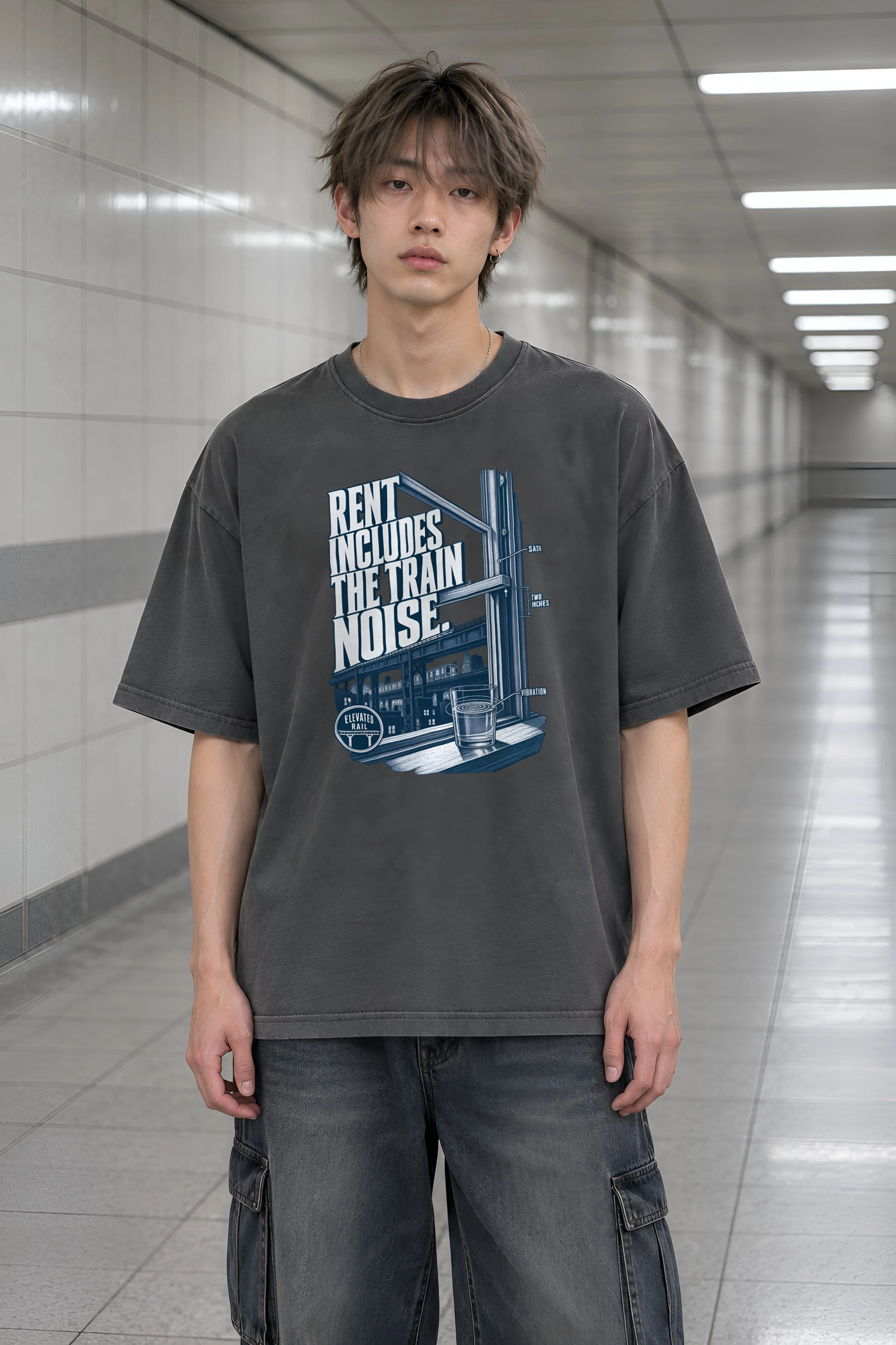 "Rent Includes The Train Noise" Men's Oversized Heavyweight Crewneck T-Shirt