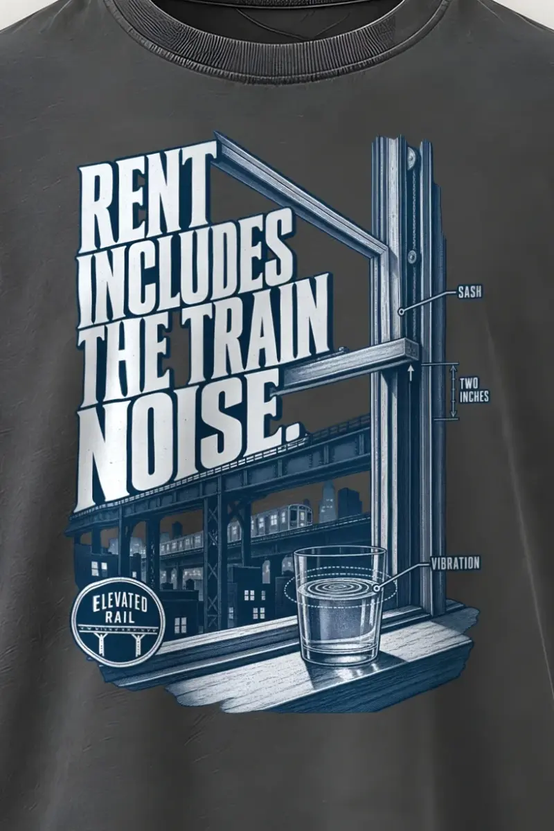 "Rent Includes The Train Noise" Men’s Oversized Heavyweight Crewneck T-Shirt - the graphic up close