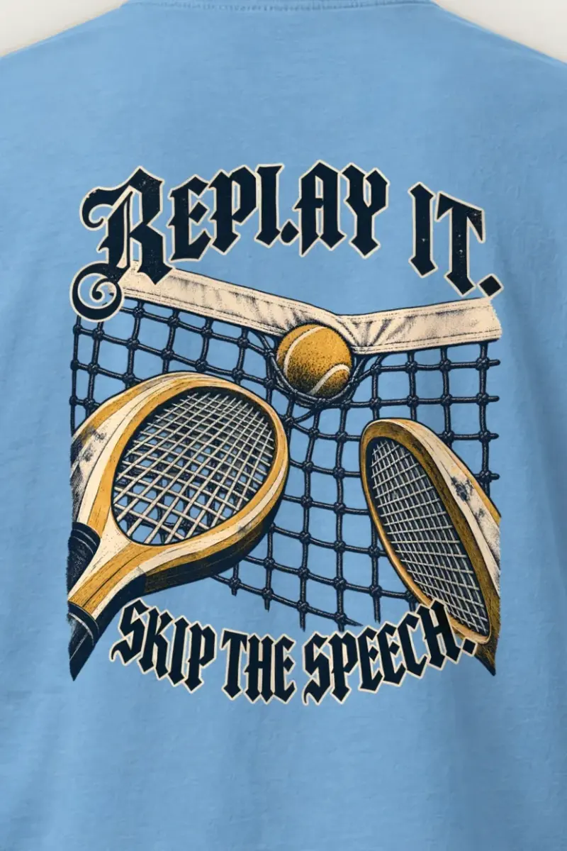 "Replay It Skip the Speech" Heavyweight Unisex Crewneck T-shirt - the graphic up close