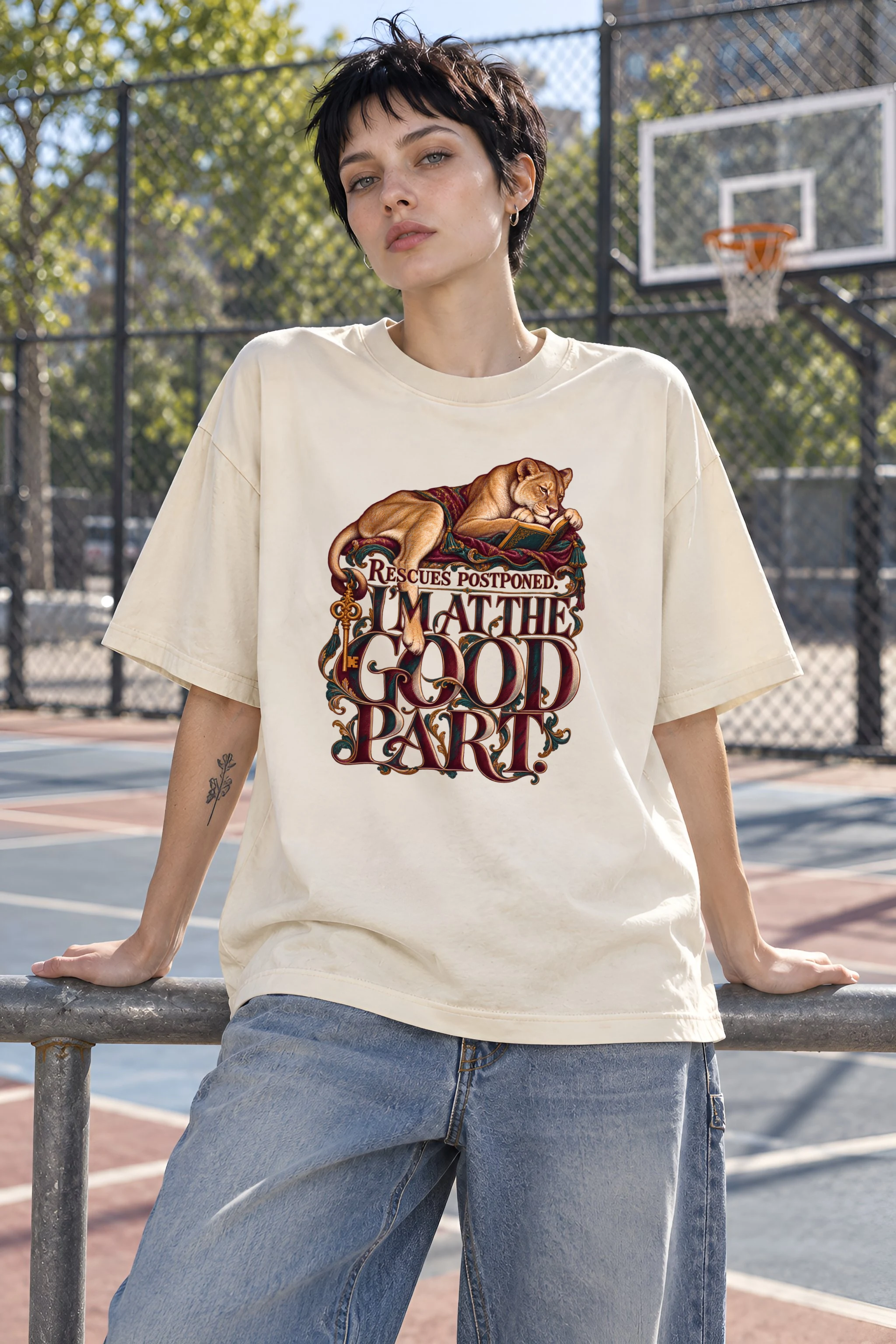 "Rescues Postponed, Good Part" Unisex Oversized Heavyweight Crewneck T-Shirt