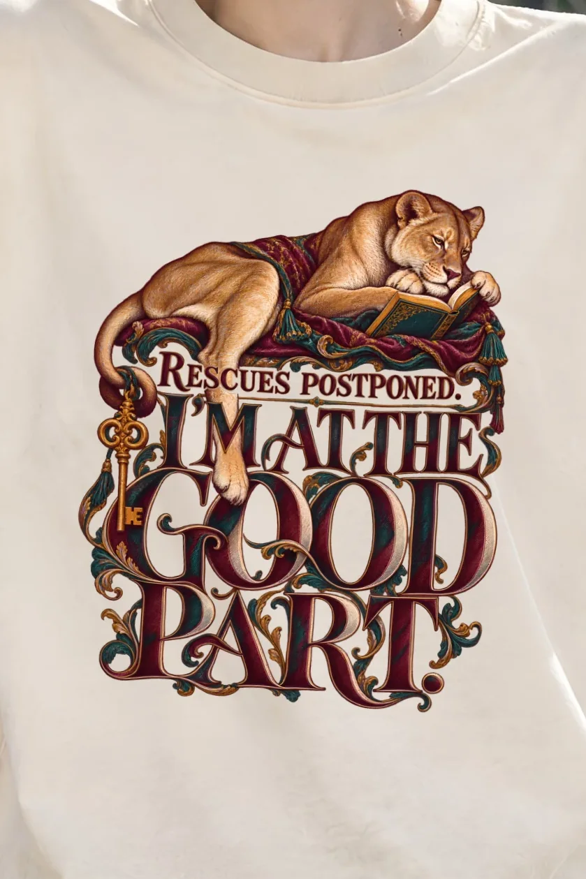 "Rescues Postponed, Good Part" Unisex Oversized Heavyweight Crewneck T-Shirt - the graphic up close