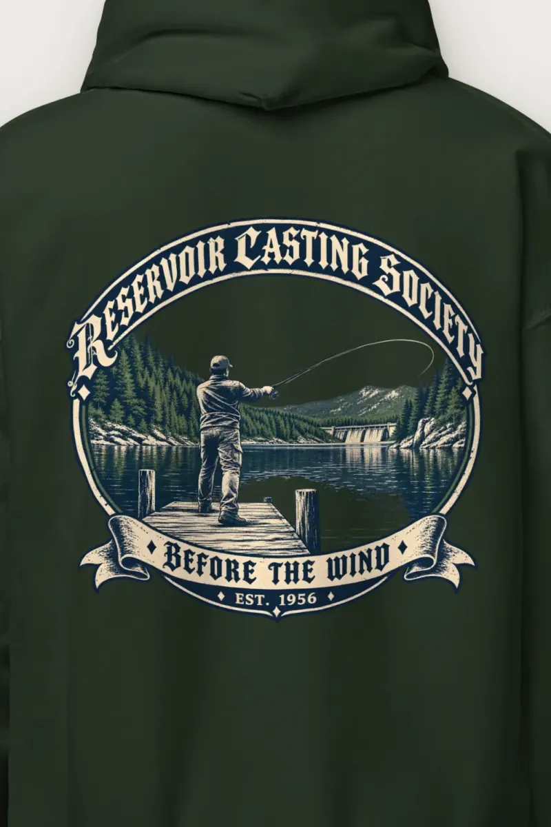 "Reservoir Casting Society" Heavy Blend Unisex Pullover Hoodie - the graphic up close