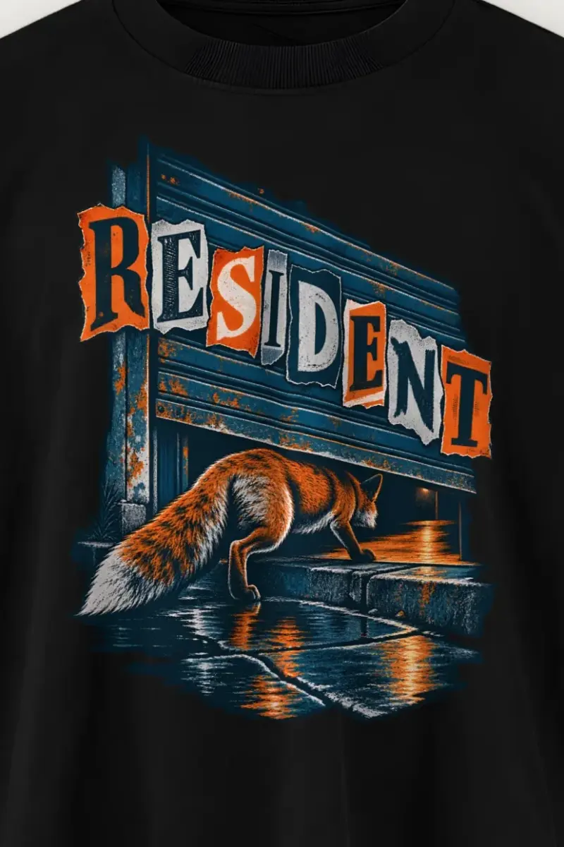 "RESIDENT" Men’s Oversized Heavyweight Crewneck T-Shirt - the graphic up close