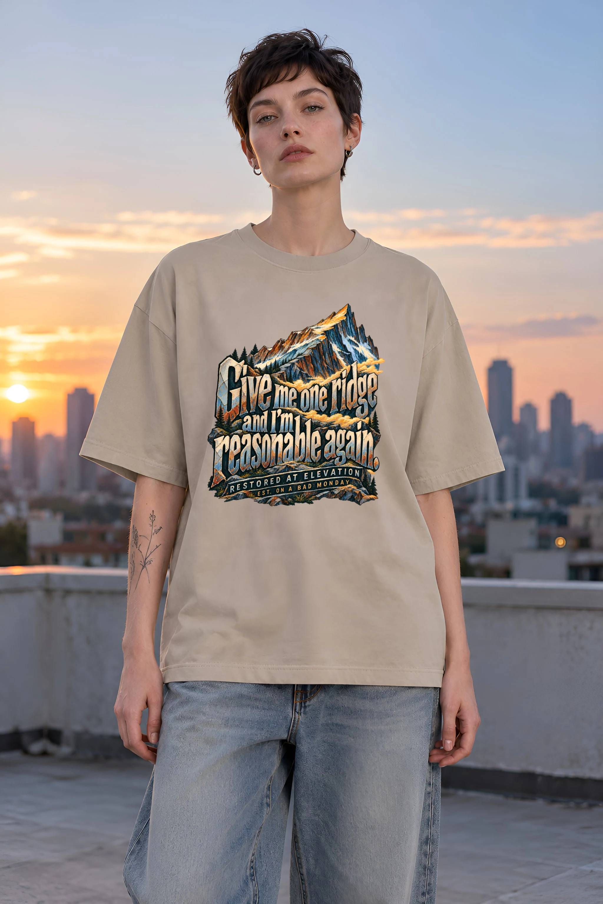 "Restored At Elevation" Unisex Oversized Heavyweight Crewneck T-Shirt