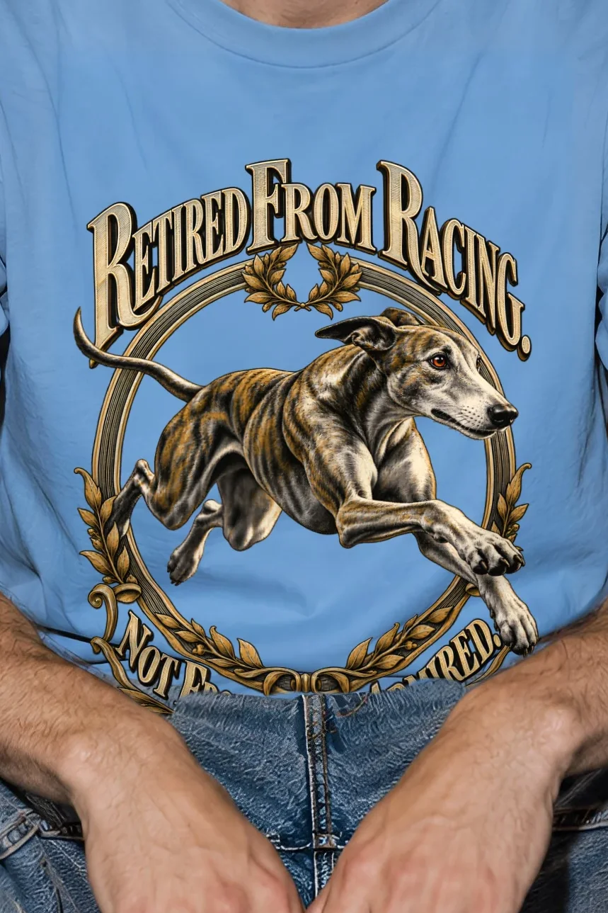 "Retired From Racing" Heavyweight Unisex Crewneck T-shirt - the graphic up close