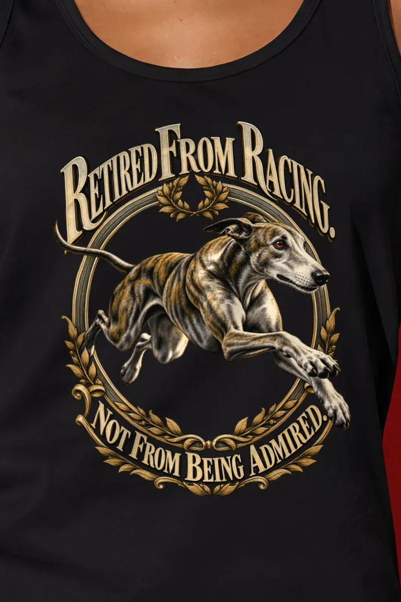 "Retired From Racing" Unisex Jersey Tank - the graphic up close