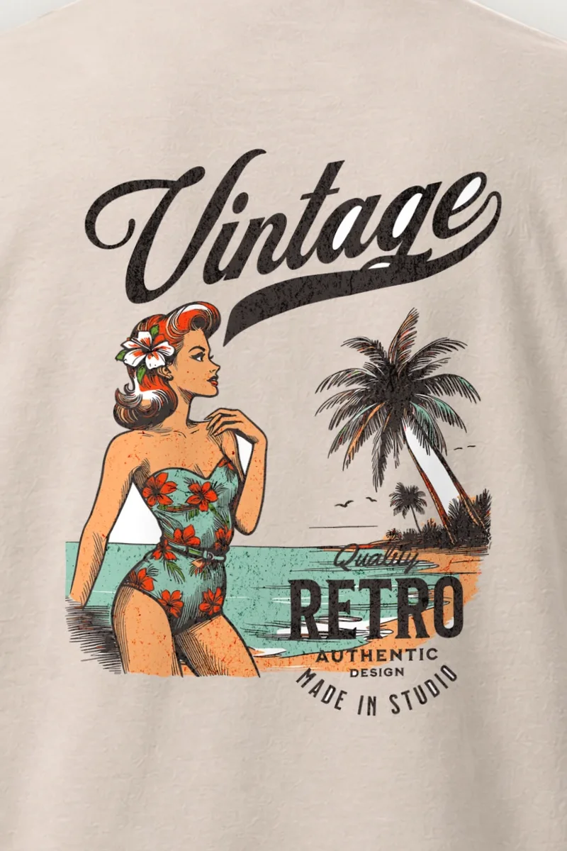 "Retro Beach Pinup" Heavyweight Unisex Crewneck T-shirt