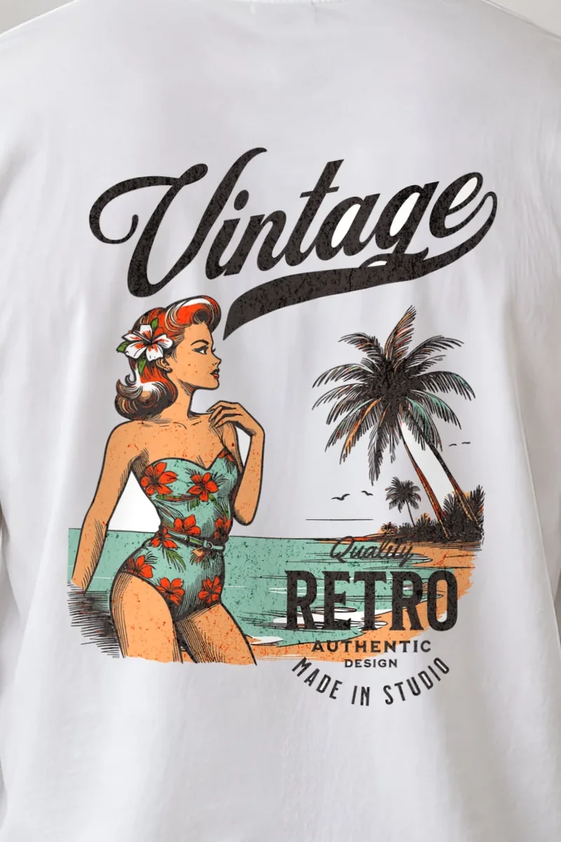 "Retro Beach Pinup" Unisex Longsleeve T-shirt - the graphic up close