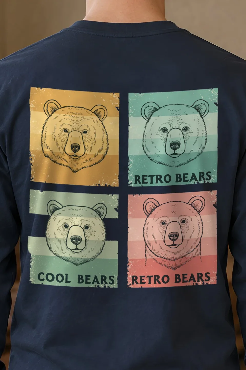 "Retro Bears" Unisex Longsleeve T-shirt - the graphic up close