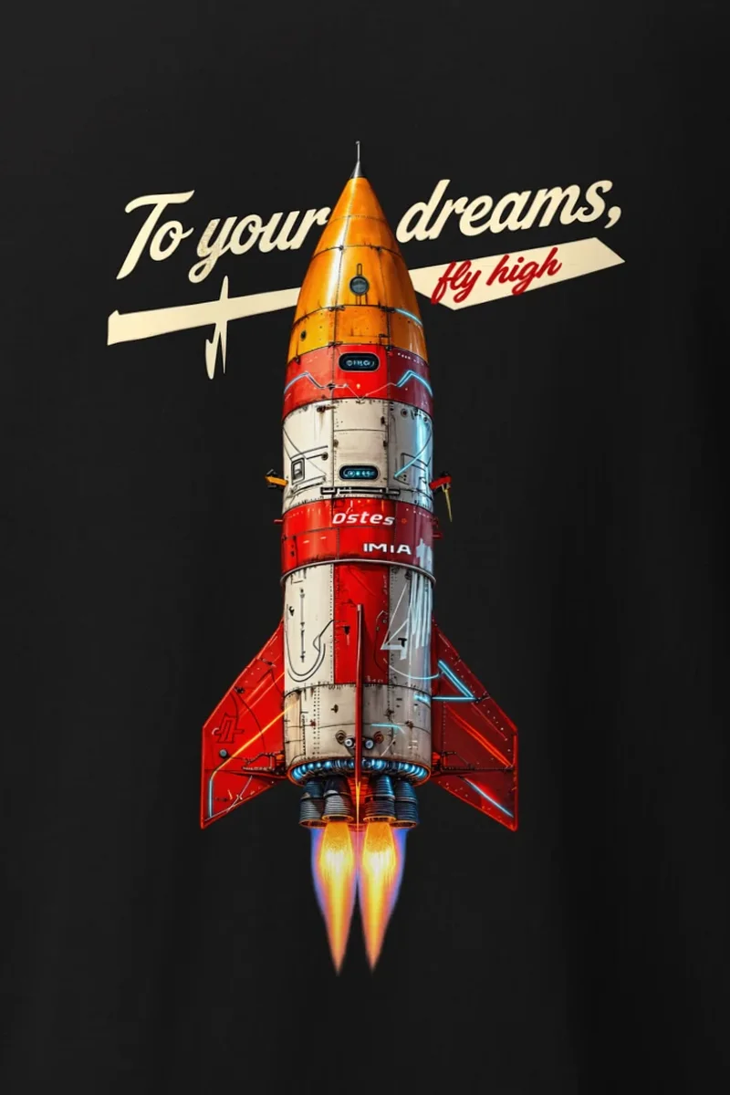 "Retro Rocket Dreams" Heavyweight Unisex Crewneck T-shirt - the graphic up close