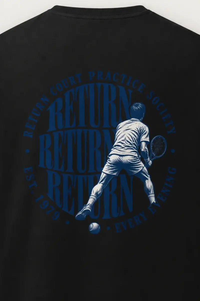 "Return Court Practice Society" Men’s Oversized Heavyweight Crewneck T-Shirt - the graphic up close