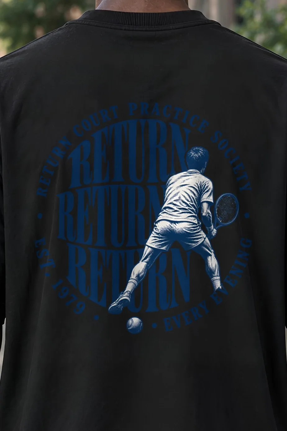 "Return Court Practice Society" Men’s Oversized Heavyweight Crewneck T-Shirt - the graphic up close