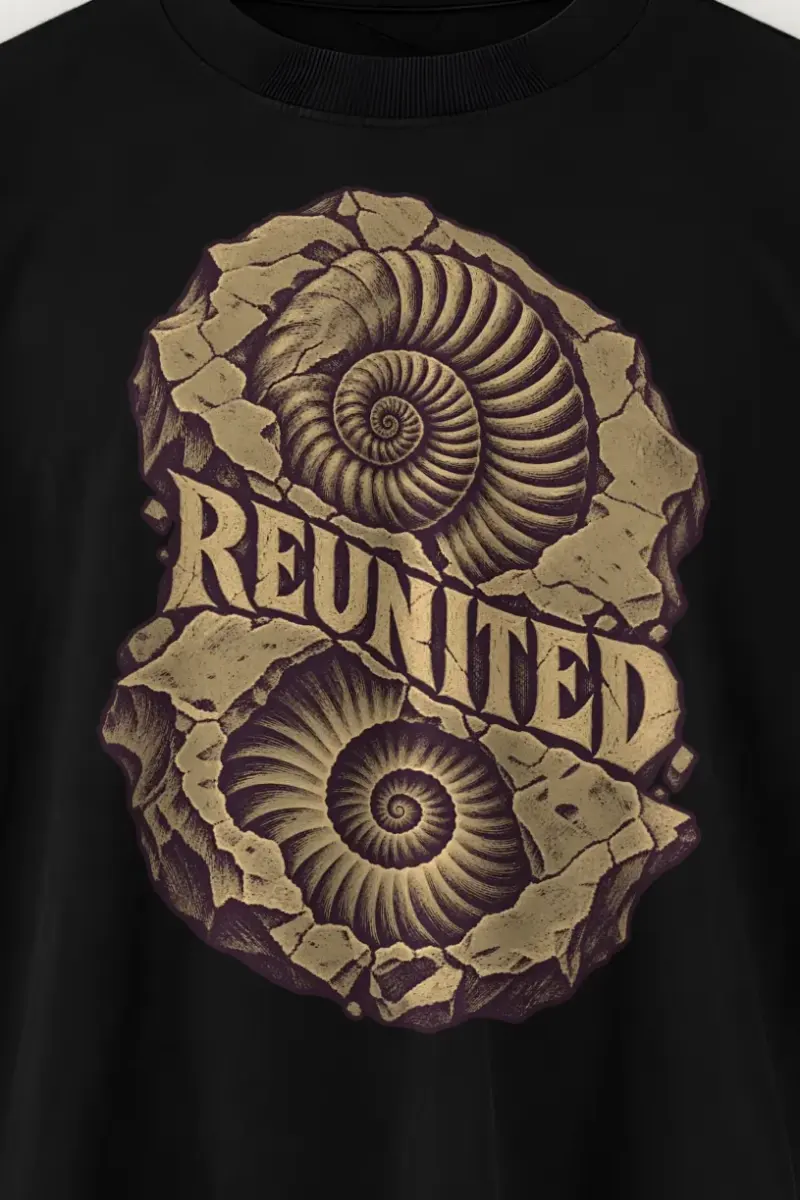 "REUNITED" Men’s Oversized Heavyweight Crewneck T-Shirt - the graphic up close