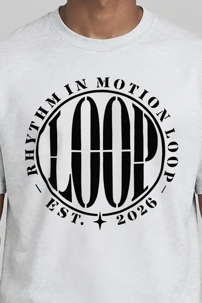 "Rhythm in Motion Loop" Heavyweight Unisex Crewneck T-shirt - the graphic up close