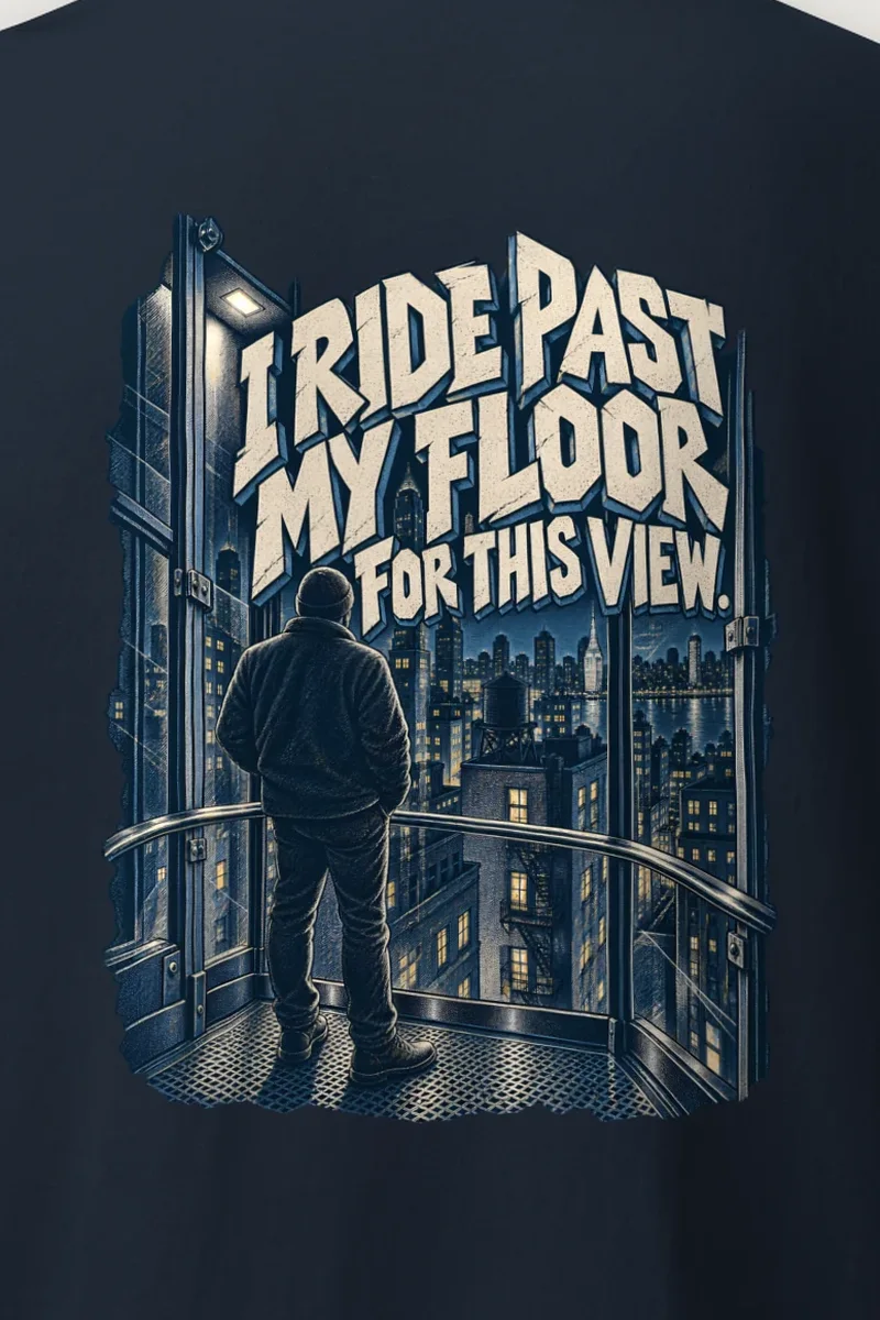 "Ride Past My Floor" Heavyweight Unisex Crewneck T-shirt - the graphic up close