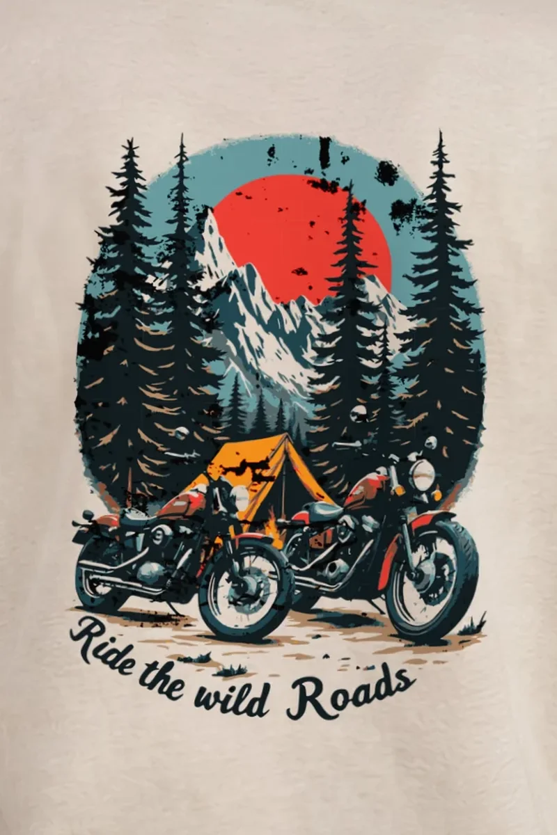 "Ride The Wild Roads" Heavyweight Unisex Crewneck T-shirt - the graphic up close