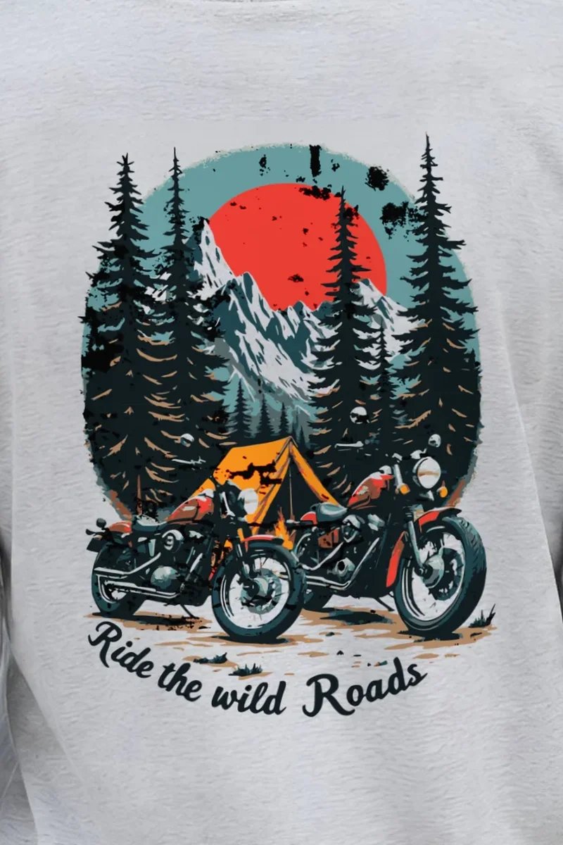 "Ride The Wild Roads" Unisex Longsleeve T-shirt - the graphic up close